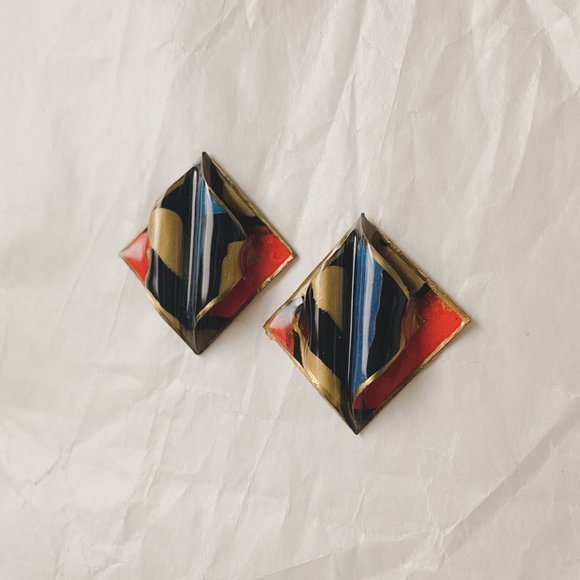 Vintage Orange Blue Gold Funky Abstract Mod Diamond Plastic Statement Earrings - Picture 2 of 10